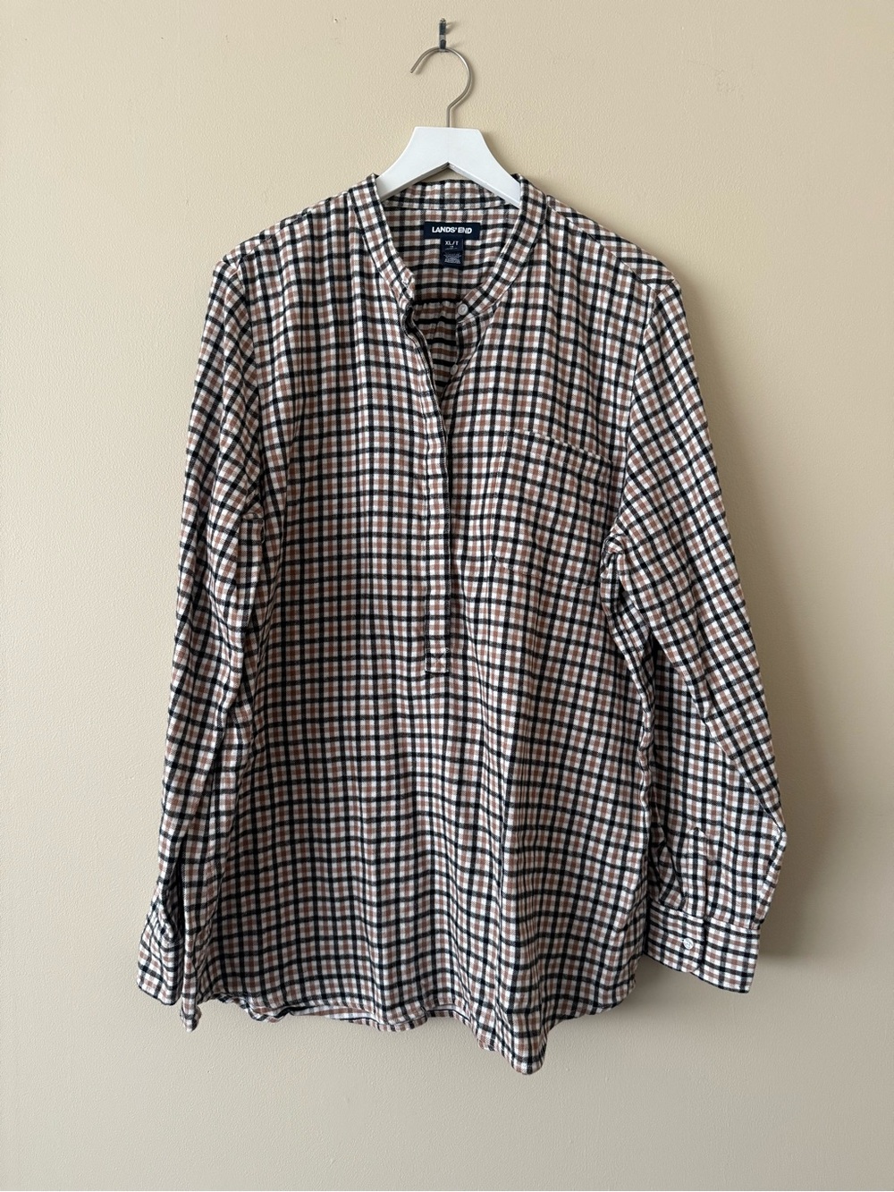 Lands’ End Women’s Brown Black White Plaid Band Collar Shirt Tunic XL/T Cotton